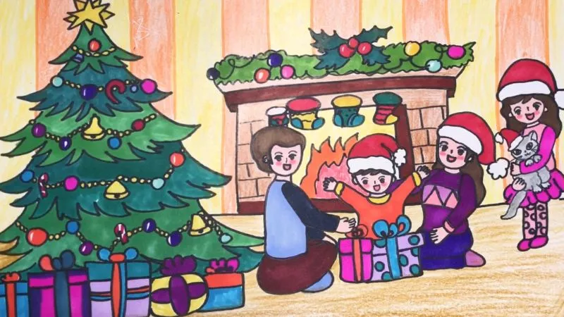 Gia đình quây quần bên lò sưởi là ý tưởng hay khi học cách vẽ tranh giáng sinh