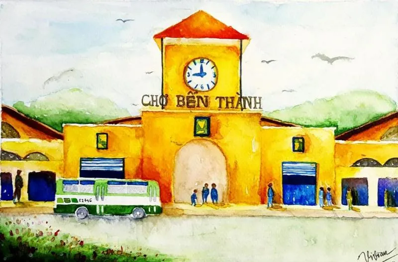 Góc nhìn màu nước tháp đồng hồ chợ bến thành rực rỡ