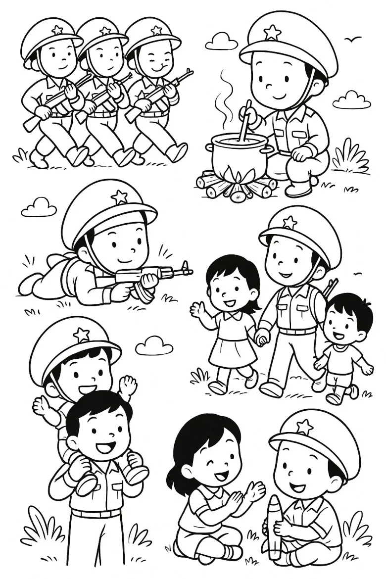 Chú bộ đội đội mũ cối và mặc áo xanh