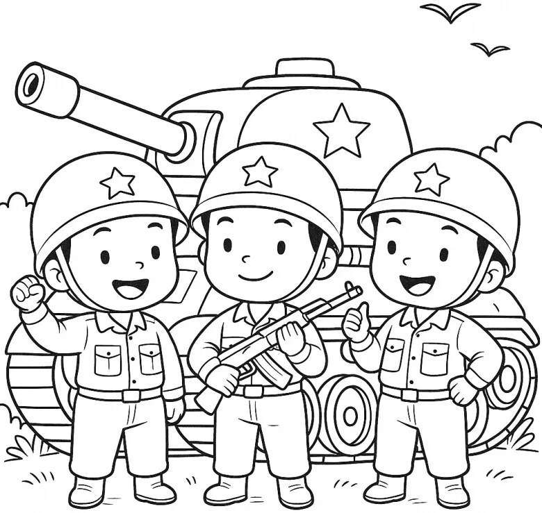 Chú bộ đội đứng cạnh cây cối