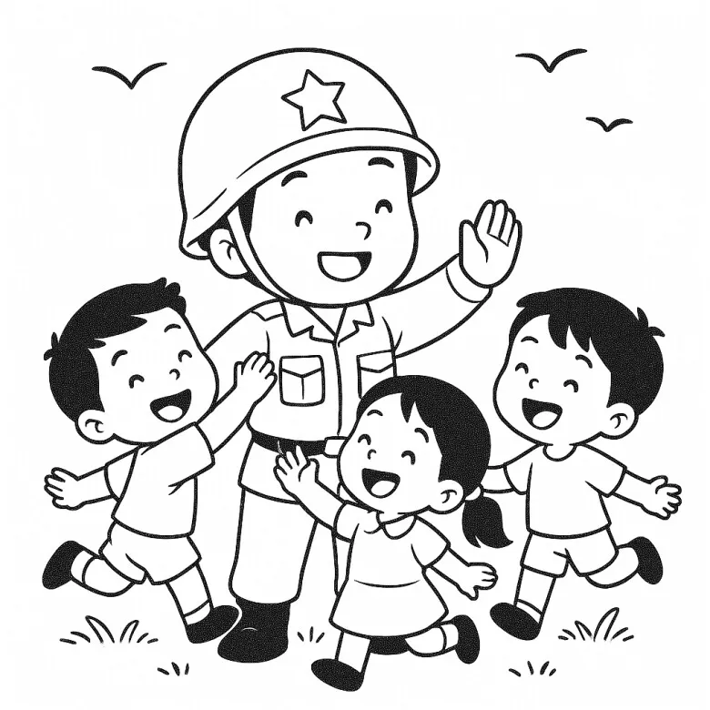 Chú bộ đội đứng nghiêm trang với súng trường