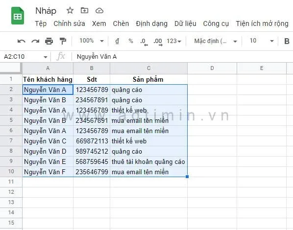 Chọn vùng dữ liệu trong Google Sheets