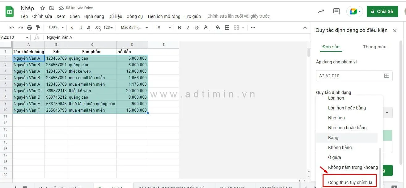 Chọn công thức tùy chỉnh