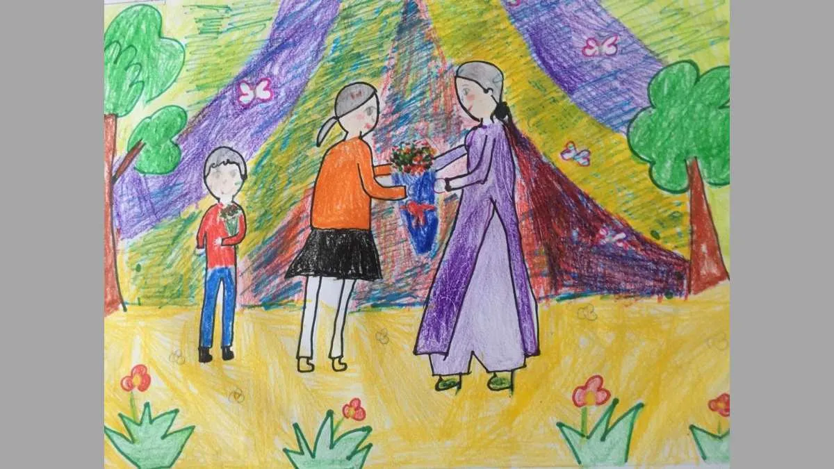 Hình ảnh bé vẽ hoa tặng mẹ đơn giản mà vô cùng tinh tế