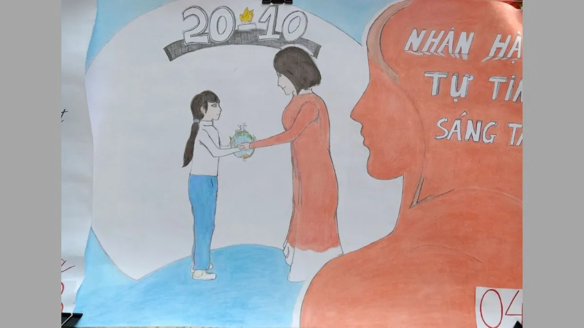 Hình ảnh bé vẽ tranh tặng mẹ đang làm việc nhà giúp đỡ mẹ