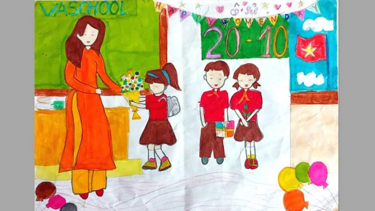 Hình ảnh bé vẽ tranh tặng mẹ với những nét vẽ ngây ngô đáng yêu