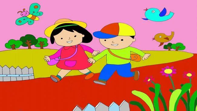 Hình ảnh bé vui vẻ đến trường cùng bạn bè trong ngày khai giảng