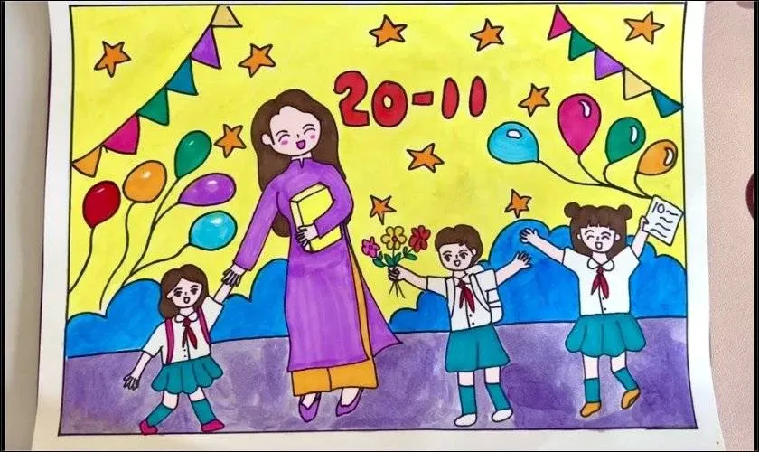 Hình ảnh cô giáo và học sinh vui đùa trong tranh vẽ chuyên nghiệp