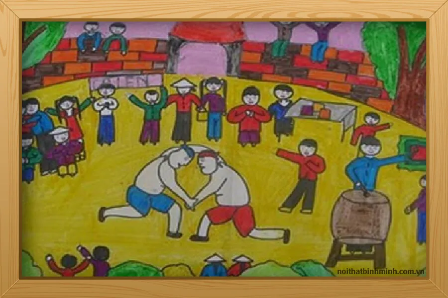 Hình ảnh đấu vật truyền thống được các em học sinh tái hiện qua tranh vẽ