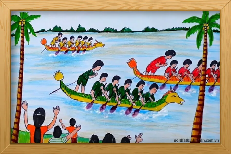 Hình ảnh đội đua thuyền phối hợp nhịp nhàng để tiến về phía trước