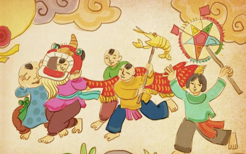 Hình ảnh đơn giản về các bạn nhỏ đang múa lân và rước đèn