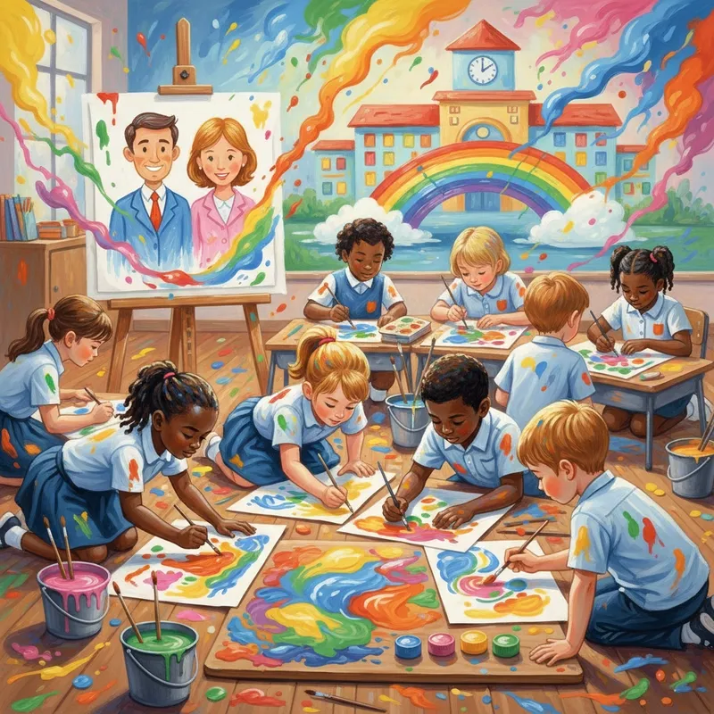 Hình ảnh gợi ý vẽ tranh về thầy cô và mái trường với bố cục hài hòa