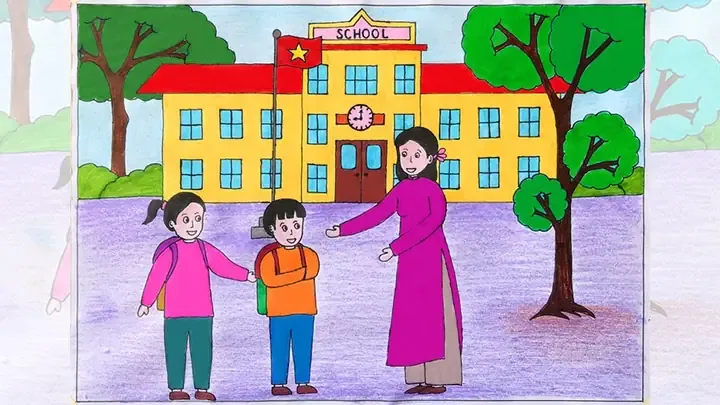 Hình ảnh học sinh đang vẽ tranh đề tài ngôi trường mơ ước của em