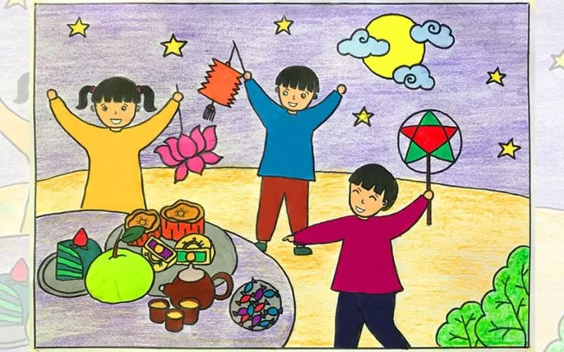 Hình ảnh mâm cỗ Trung thu được khắc họa chi tiết và sinh động