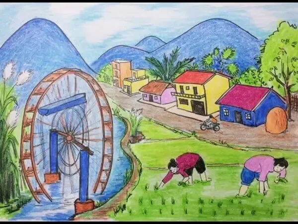 Hình ảnh xóm làng nơi em ở với những ngôi nhà san sát và cây cối bao quanh