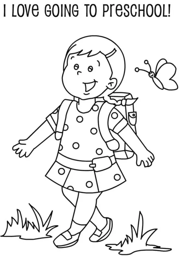 Hình tô màu bé đến trường vui vẻ cùng thầy cô và bạn bè