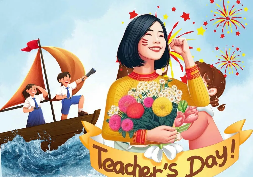 Hình vẽ tranh giáo viên trong lớp học đầy ắp tiếng cười