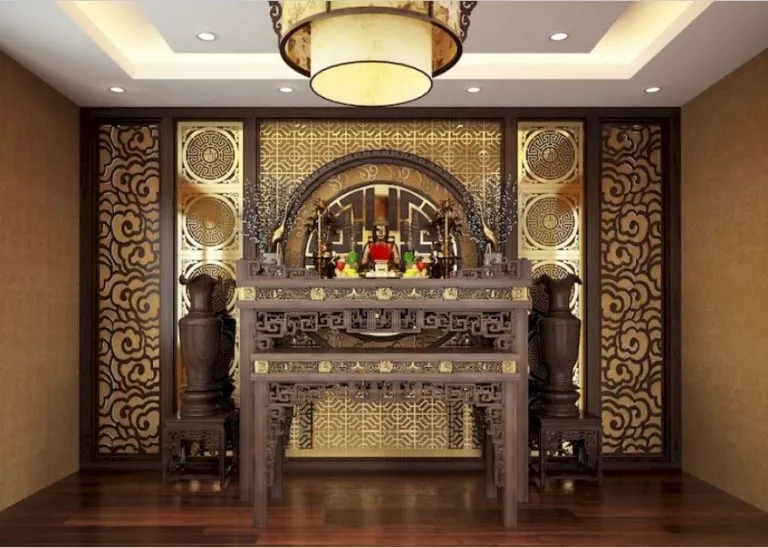 Mẫu thiết kế phòng thờ đẹp với bàn thờ gỗ tự nhiên