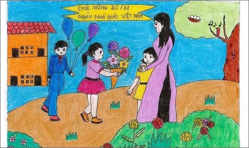 Hoàn thiện chi tiết và tô màu cho bức tranh tri ân thầy cô