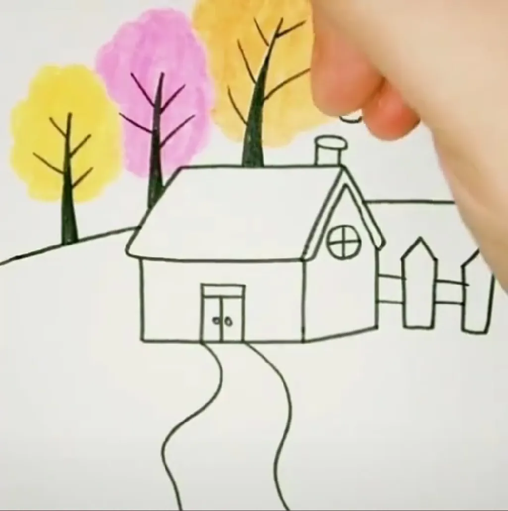 Hoàn thiện con đường dẫn vào nhà và hàng rào trong tranh vẽ lớp 6
