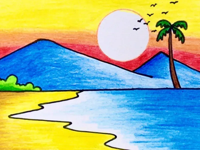 Hoàng hôn rực rỡ bên bãi biển với dãy núi xanh và cây dừa nghiêng mình