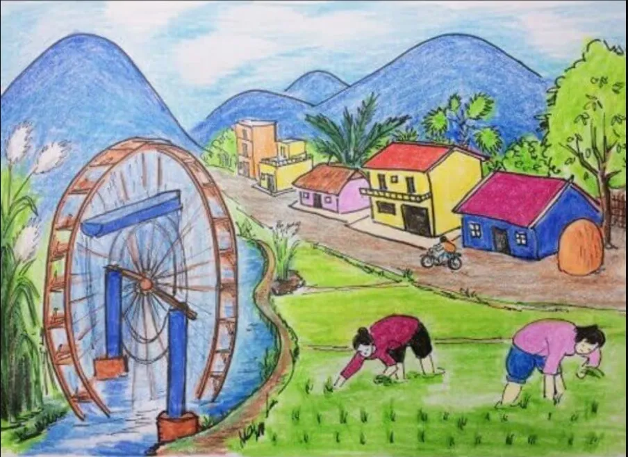 Hoạt động gieo mạ của người nông dân trong tranh vẽ cuộc sống thường ngày