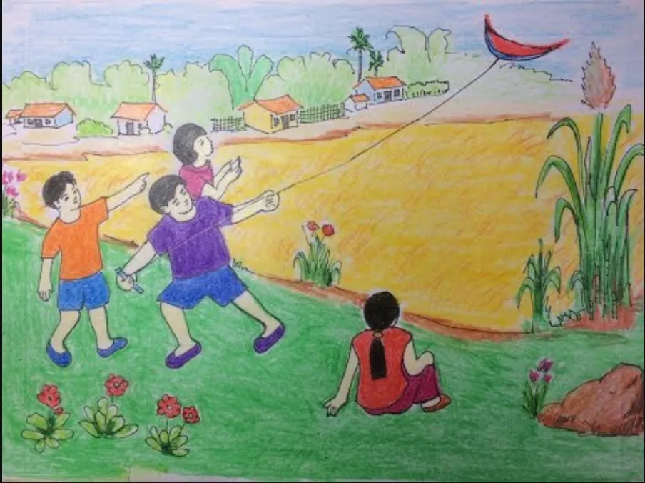 Hoạt động thả diều thú vị trong tranh vẽ cuộc sống thường ngày ở nông thôn