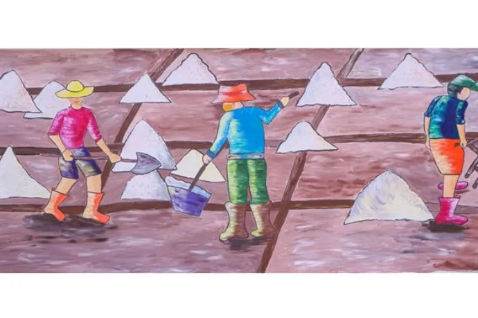 Hoạt động thu hoạch muối của diêm dân qua tranh vẽ truyền thống việt nam