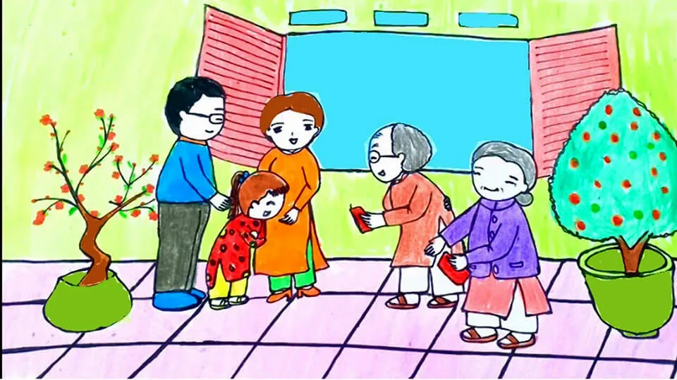 Hoạt động vẽ tranh ngày Tết là hành trình thú vị cho các em học sinh lớp 5