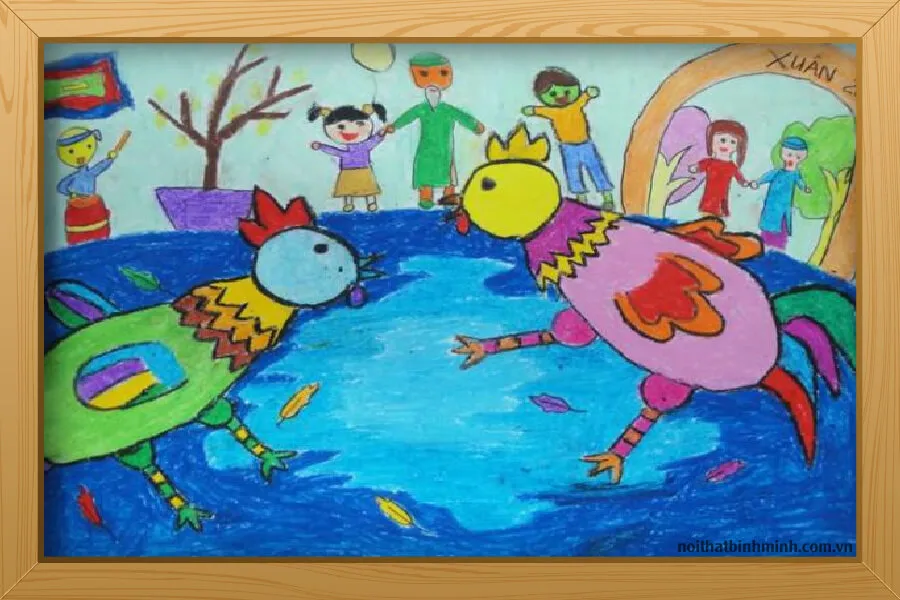 Học sinh lớp 8 thể hiện sự sáng tạo qua tranh vẽ đề tài đá gà dân gian