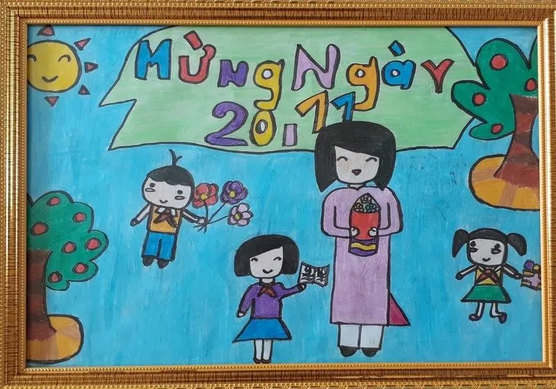 Học sinh tặng hoa cô giáo trong mẫu tranh vẽ 20 11