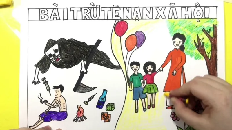 Học sinh tham gia vẽ tranh về đề tài bài trừ tệ nạn xã hội và bạo lực