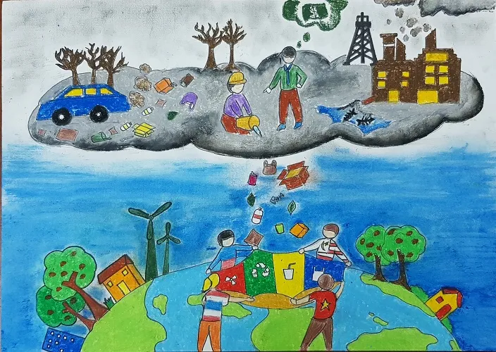 Học sinh thuyết trình về ý nghĩa của bức tranh môi trường trước ban giám khảo