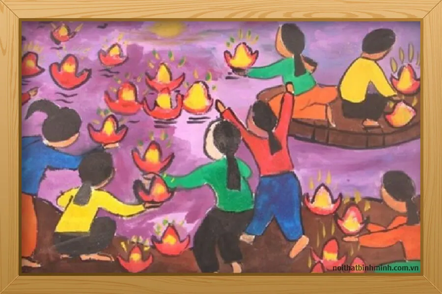 Học sinh vẽ tranh đề tài lễ hội thả đèn lồng cầu mong sự bình an