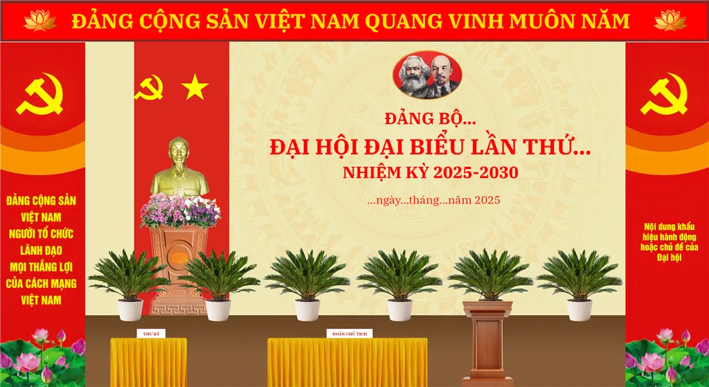 Hướng dẫn trang trí khánh tiết Đại hội Đảng bộ các cấp nhiệm kỳ 2025-2030