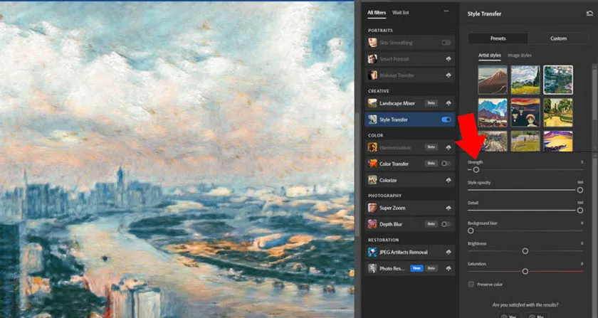 Kéo thanh trượt Strength để kiểm soát mức độ ảnh hưởng của hiệu ứng