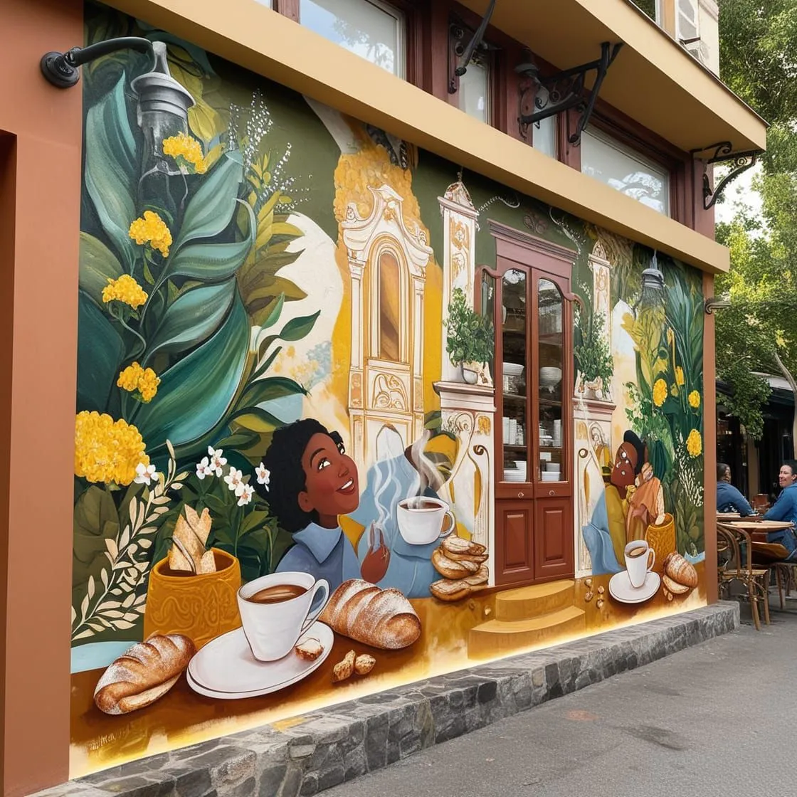 Kết hợp hài hòa giữa tranh tường và cây xanh tạo không gian gần gũi