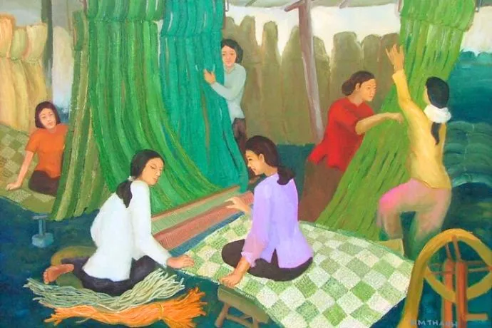 Không gian làng dệt lụa rực rỡ sắc màu trong tranh vẽ truyền thống việt nam