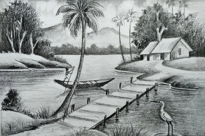 Khung cảnh đồng quê thanh bình được tái hiện chân thực qua chất liệu bút chì