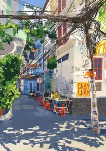 Khung cảnh hẻm nhỏ Sài Gòn với những biển hiệu đặc trưng và xe cộ đi lại