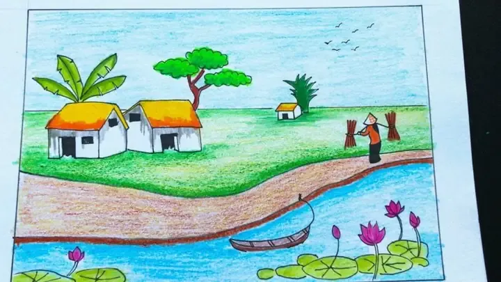 Khung cảnh thanh bình của làng quê Việt Nam với cánh đồng và bầu trời xanh