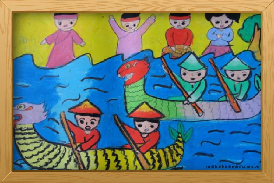 Khung cảnh toàn cảnh lễ hội đua thuyền với màu sắc đa dạng và rực rỡ