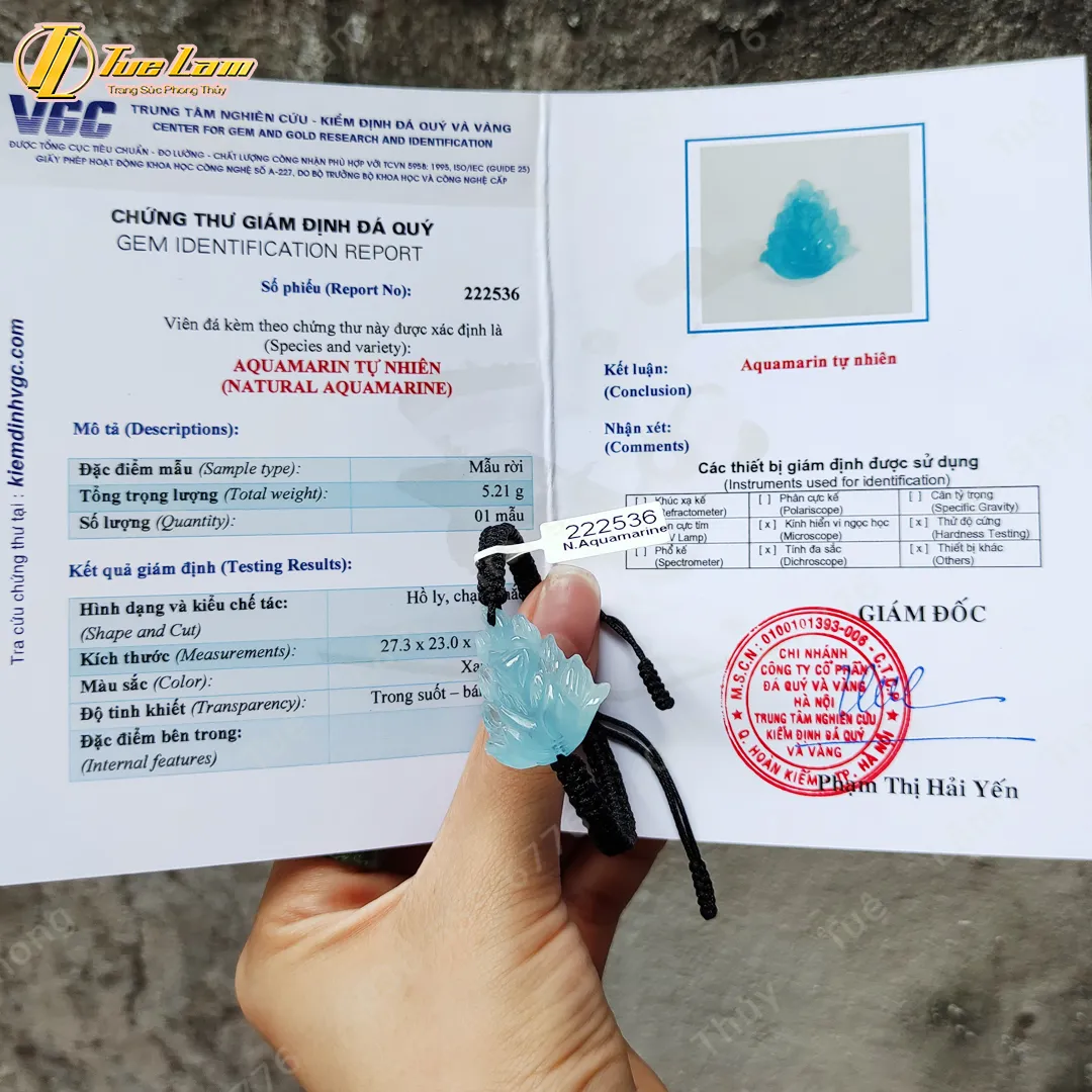 Chứng thư kiểm định đá Aquamarine tự nhiên cho vòng tay mệnh mộc