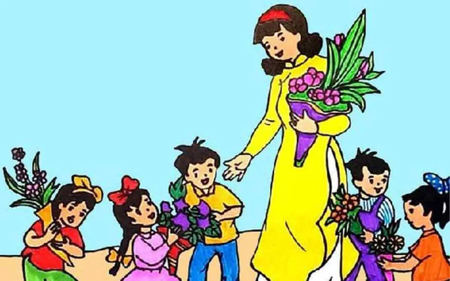 Lẵng hoa tươi thắm tri ân cô giáo trong bức tranh vẽ tay