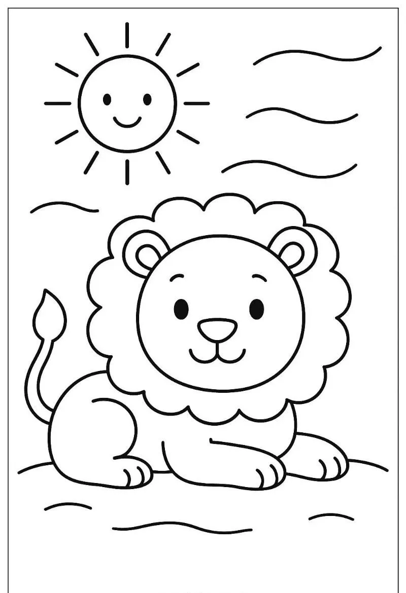 Sư tử ngủ dưới ánh mặt trời – tranh tô màu đơn giản cho bé mẫu giáo