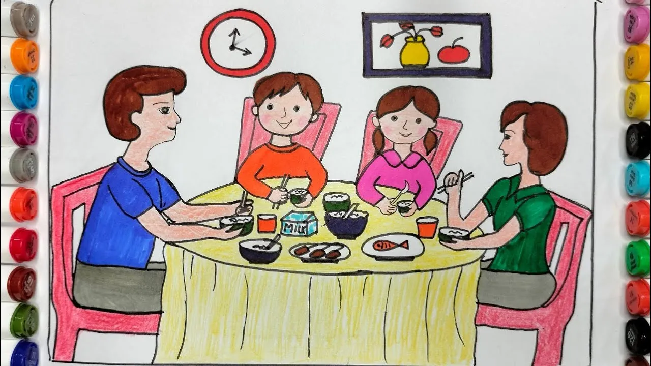 Tranh mẫu 7: Vẽ tranh gia đình bên mâm cơm