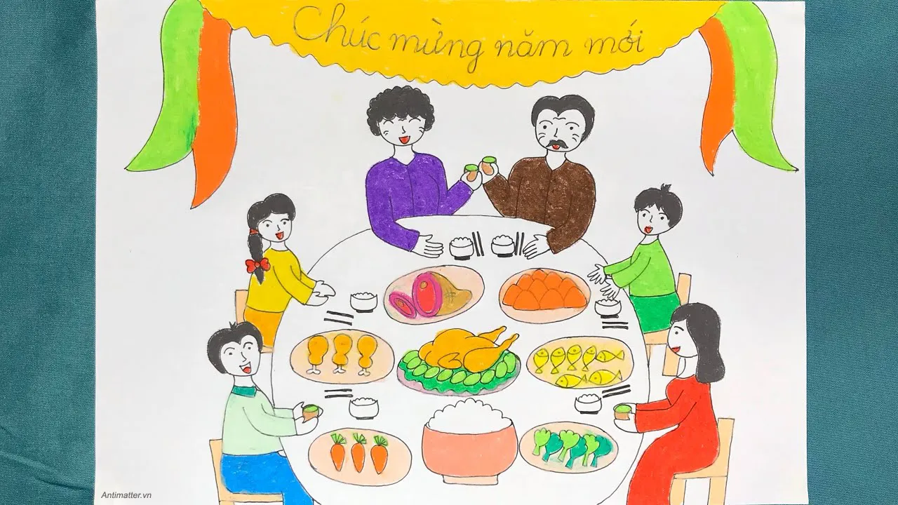 Tranh mẫu 11: Vẽ tranh gia đình bên mâm cơm