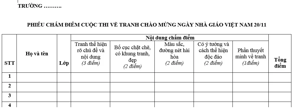 Mẫu phiếu chấm điểm chi tiết cho hội thi vẽ tranh kỷ niệm ngày hiến chương nhà giáo