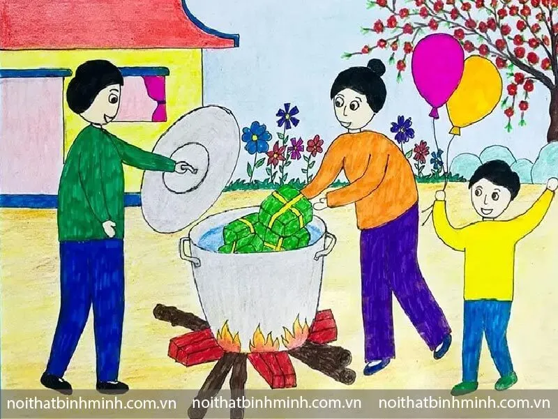 Màu sắc rực rỡ và cảm xúc mùa lễ hội lan tỏa trong ảnh vẽ tranh ngày tết