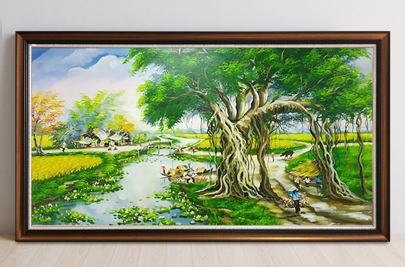 Màu sơn dầu vẽ tranh phong cảnh làng quê bình dị với rặng tre xanh